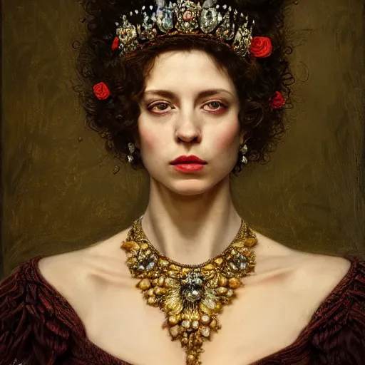 Image similar to highly detailed oil painting | very intricate | cinematic lighting | award - winning | portrait of the queen of roses dressed by alexander mcqueen | by roberto ferri, by tom bagshaw, by j. c. leyendecker and klimt, american romanticism, by austin osman spare, artstation, cgsociety, official art, octane