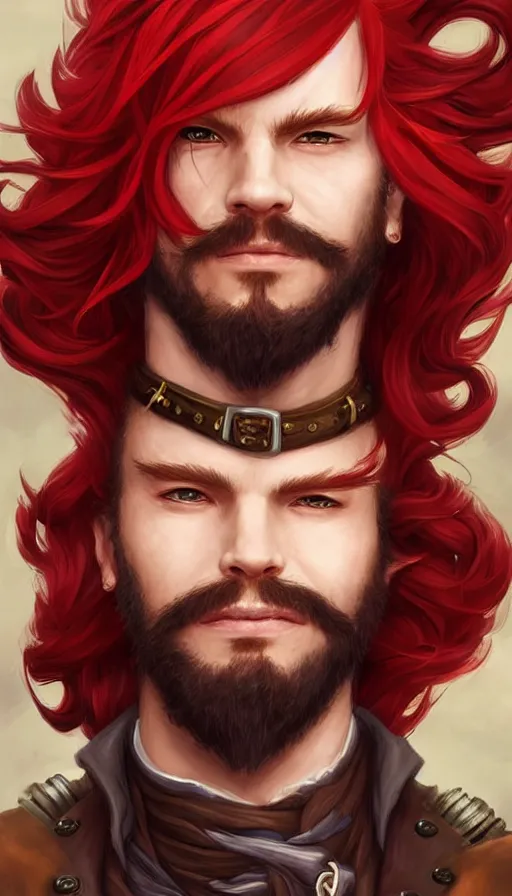 Image similar to portrait of a male pirate with flowing red hair!!!!!!, handsome, side profile, Steampunk airship!!!!!!!, D&D, fantasy, simple clothing!!!!, elegant, highly detailed, digital painting, deviantart, artstation, concept art, sharp focus, illustration, art by Artgerm and Greg Rutkowski and Alphonse Mucha