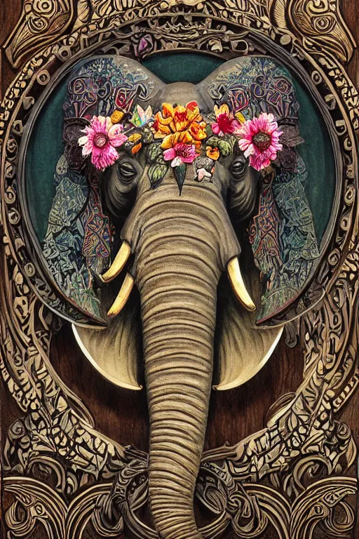 Image similar to Painted dark-wood panel relief carving of a close up of a Flowerpunk Matriarch Elephant, ornate border frame, explosion of colorful flowers, dark wood, intricately carved, black ink, festival of rich colors, intricate details, cinematic lighting, volumetric lighting, post-processing, art nouveau, by andreas rocha and john howe, and Martin Johnson Heade, featured on artstation, featured on behance, golden ratio, hyper detailed, photorealistic, epic composition, center spotlight, f32, well composed, symmetrical, UE5, 8k