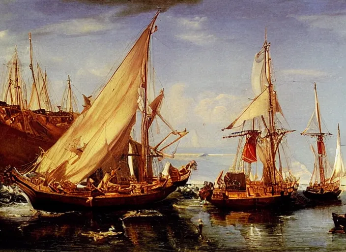 Image similar to a painting of la barca de aqueronte by felix resurreccion hidalgo