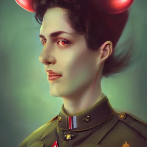 Prompt: gorgeous happy devil in military uniform by tom bagshaw, by beeple, soft lighting, solid background,