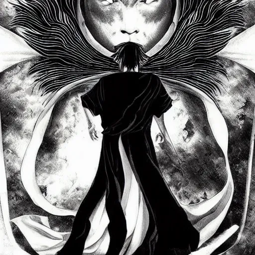 Image similar to black and white pen and ink!!!!!!! young handsome Keanu Reeves wearing cosmic space robes made of stars final form flowing royal hair golden!!!! Vagabond!!!!!!!! floating magic swordsman!!!! glides through a beautiful!!!!!!! liquid magic floral crystal battlefield dramatic esoteric!!!!!! Long hair flowing dancing illustrated in high detail!!!!!!!! by Moebius and Hiroya Oku!!!!!!!!! graphic novel published on 2049 award winning!!!! full body portrait!!!!! action exposition manga panel black and white Shonen Jump issue by David Lynch eraserhead and beautiful line art Hirohiko Araki!! Rossetti, Millais, Mucha, Jojo's Bizzare Adventure