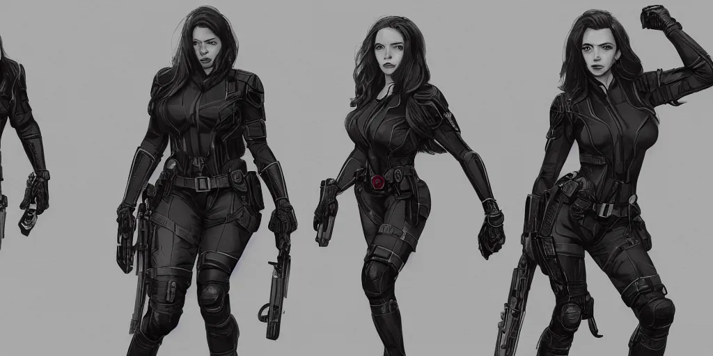 Image similar to black widow, character sheet, concept design, contrast, kim jung gi, greg rutkowski, zabrocki, karlkka, jayison devadas, trending on artstation, 8 k, ultra wide angle, pincushion lens effect