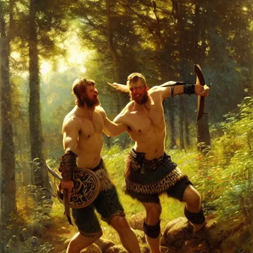 Prompt: 2 attractive male vikings frolicking in the forest. highly detailed painting by gaston bussiere, craig mullins, j. c. leyendecker, 8 k