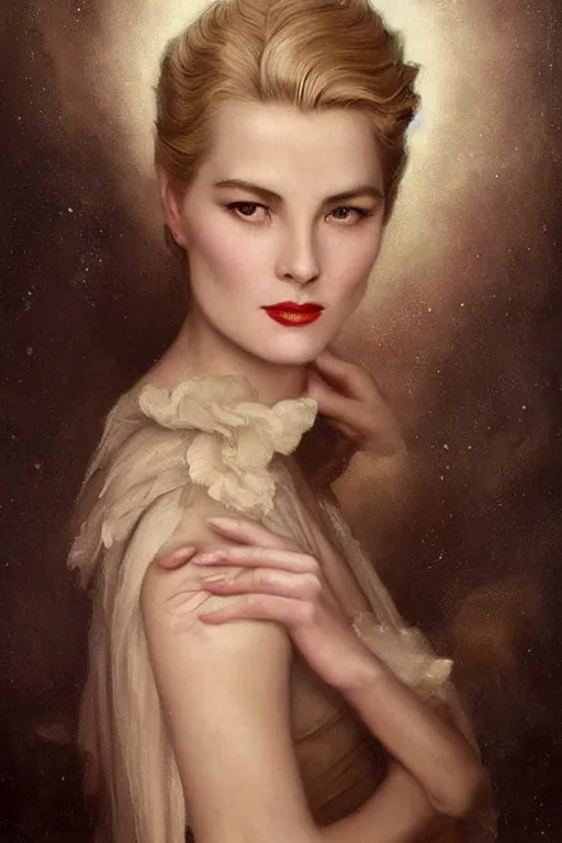 Prompt: a young and extremely beautiful grace kelly infected by night by tom bagshaw in the style of a modern gaston bussiere, art nouveau, art deco, surrealism. extremely lush detail. melancholic scene infected by night. perfect composition and lighting. sharp focus. profoundly surreal. high - contrast lush surrealistic photorealism. screaming, rage, madness.