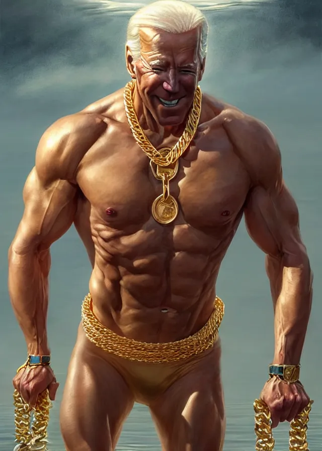 Image similar to super muscular joe biden wearing cycling shorts and gold chains walking on water, elegant, real life skin, intricate, high detailed, artstation, concept art, smooth, sharp focus, art by artgerm and greg rutkowski