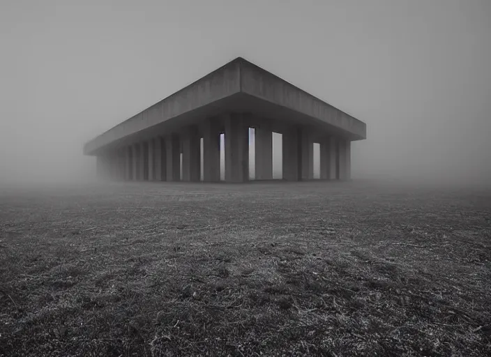 Image similar to high resolution black and white photography with a 3 5 mm f / 2 2 lens of brutalist architectural buildings in romania in the middle of nowhere in the 8 0's, there is fog and snow. fine art photography and very detailed and sad.