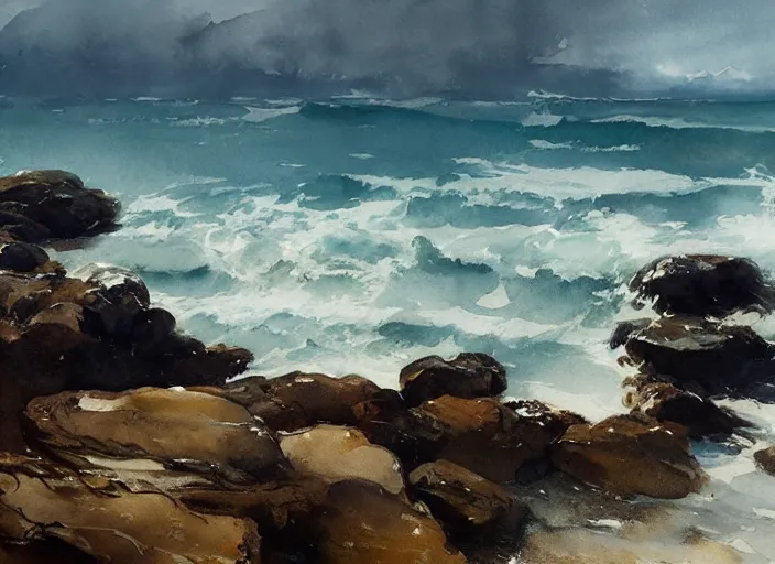 Image similar to abstract watercolor painting of wild wavy ocean, oak trees, rocky shore, sunshine, art by anders zorn, wonderful masterpiece by greg rutkowski, beautiful cinematic light, american romanticism by greg manchess, creation by tyler edlin