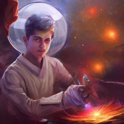 Prompt: a young male mage creating a universe in his PC, hyperrealistic, extremely detailed, award-winning art, trending on Artstation