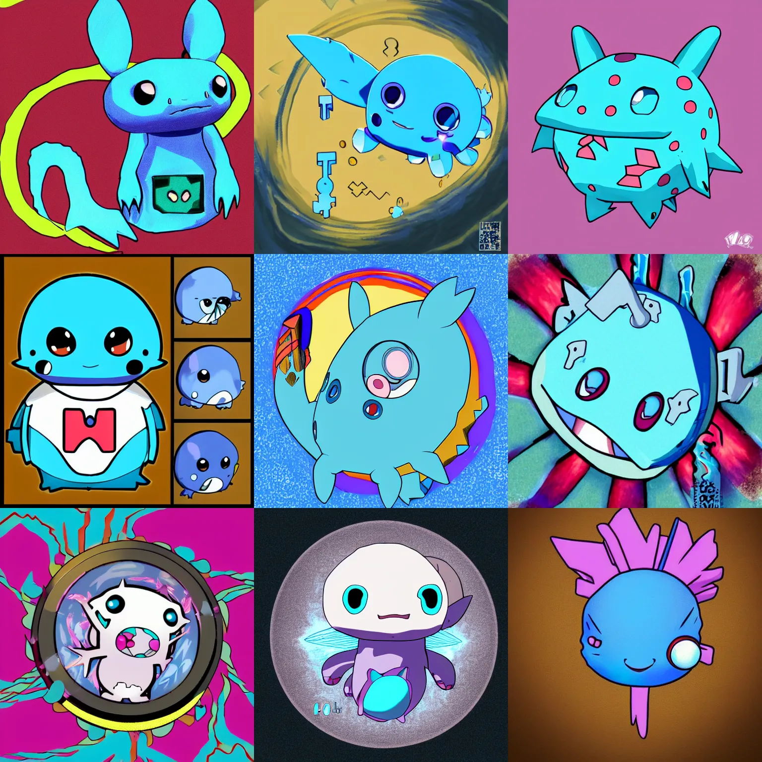 Prompt: Anime style, portrait of a blue axolotl with a keyhole for face, pokemon style, wooper, lock, keyhole