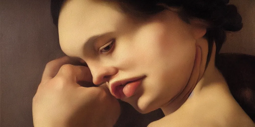 Image similar to beautiful oil matte portrait painting, eyes mouths chins cheeks, wonderful masterpiece highly detailed, beautiful cinematic light deep focus, elegant, digital painting, smooth, sharp focus, golden ratio, dramatic illumination, ultra realistic, 8 k, art by artemisia lomi gentileschi and caravaggio