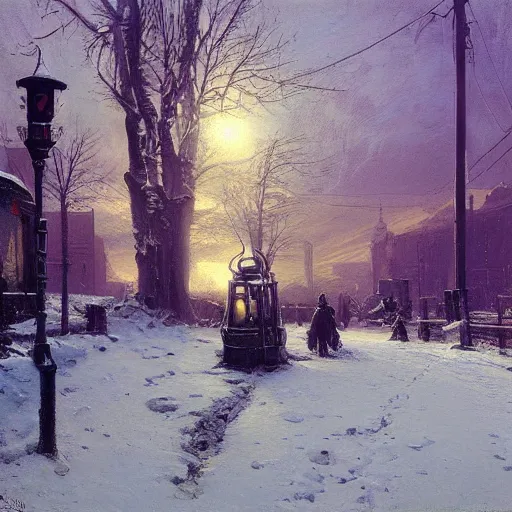 Prompt: painting of syd mead artlilery scifi organic electric pole with ornate metal work lands on a snowy path with a large mirror in its path, volumetric lights, purple sun, andreas achenbach