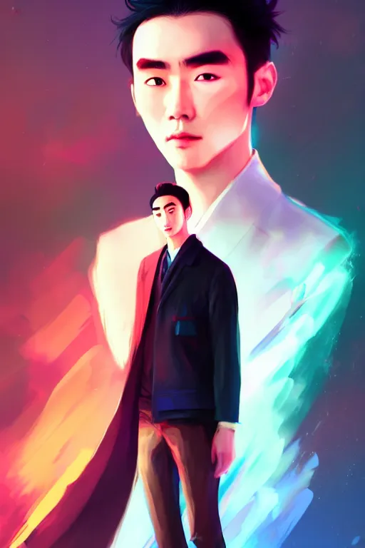 Image similar to a man looks like zhu yilong, blurred environment background, colorful magic effects, white skin, portrait, male, clothed, sharp focus, digital art, concept art, trending on artstation, dynamic lighting, by emylie boivin and rossdraws