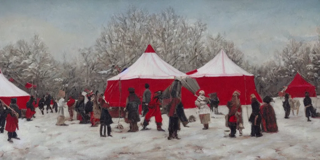 Image similar to a big circus in the snow ground, oil painting, red and white color