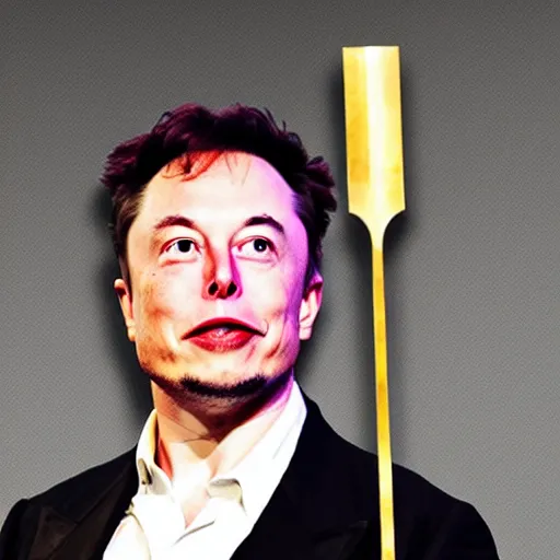 Image similar to photo of elon musk in the shape of a musketeer, he has a big black hat and holds a shiny rapier sword