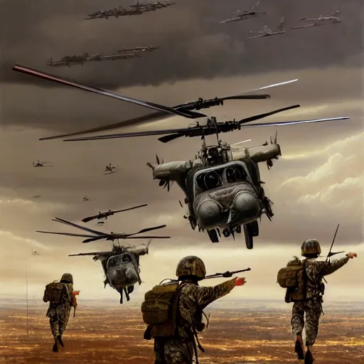Prompt: a painting of soldiers falling out of a helicopter in the gulf war by Bernardo Bellotto, high detail, hyperrealistic, concept art, artstation, 8k