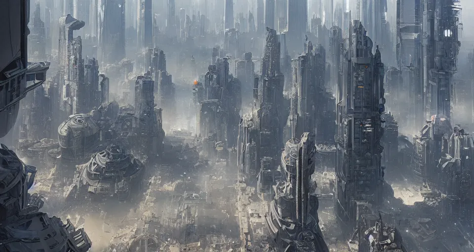 Prompt: hyper realistic sci - fi matte concept art painting of city made from giant stacks of disks, beautiful details, strong composition painted by kim jung guweta studio rutkowski, james gurney and greg rutkowski, and lucasfilm, smooth, intricate, detailed, sharp focus, cinematic