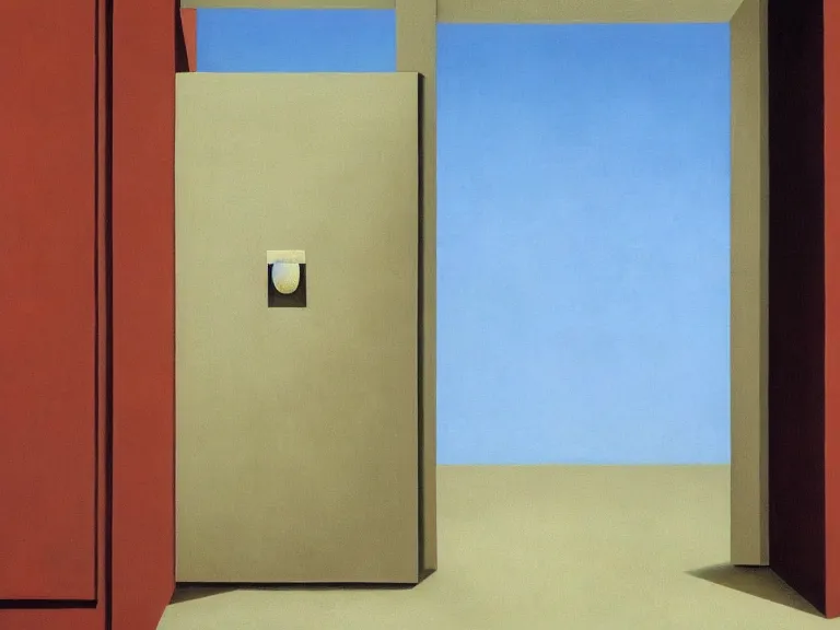 Image similar to an open door to nothingness in brick wall, painting by rene magritte, high detail!!, high resolution!!