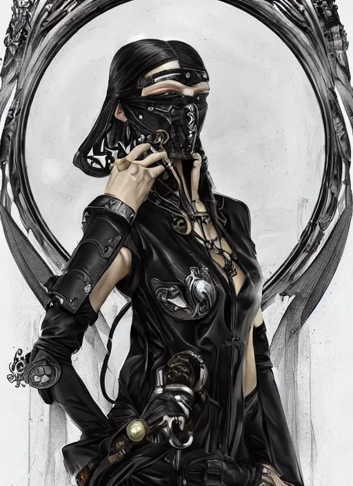 Image similar to a cyborg with mask, black leather garment with art nouveau ivory accessories, cyberpunk, darksynth, luxury, concept art by jama jurabaev, extremely detailed, ominous, ethereal, andree wallin, edvige faini, masamune shirow, alphonse mucha