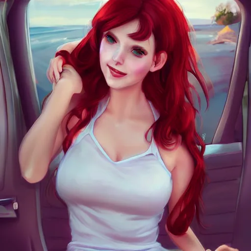 Image similar to beautiful woman with red hair and green eyes wearing a white sundress, at a drive-through, flirting, smiling, eye contact, perfect face, it\'s Wendy from Wendy\'s giving out hamburgers, digital art in the style of artgerm and WLOP, extreme long shot