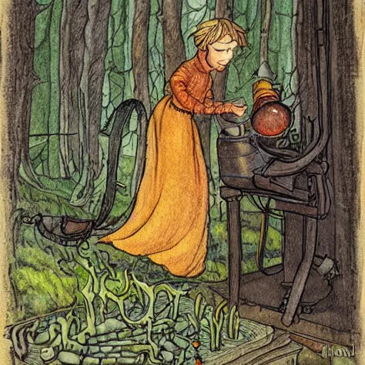 Image similar to the blacksmits’ daughter, working in the forge, fantasy art in the style of Elsa Beskow,