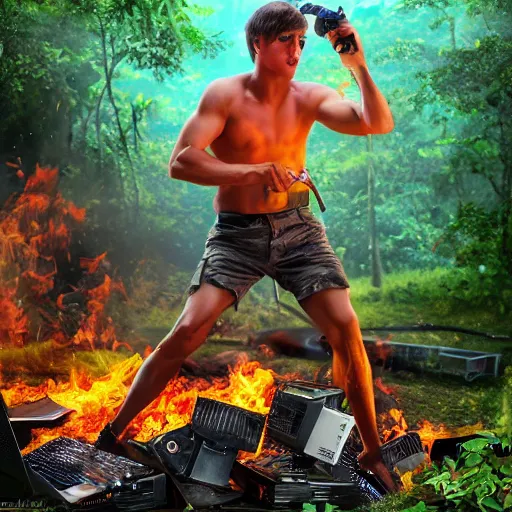 Prompt: (((rambo))) burning a pile of computers using a flamethrower, crazy expression, ultra detailed, middle of the jungle, sweaty body, highly detailed face, highly detailed body, highly detailed flamethrower, flowers, plants, 8K - n 9 - s 150 - i