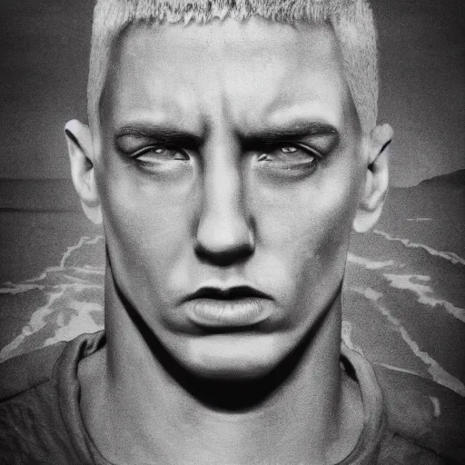 Image similar to giant eminem head hovering over the ocean, highly intricate, hyper realistic, 8 k