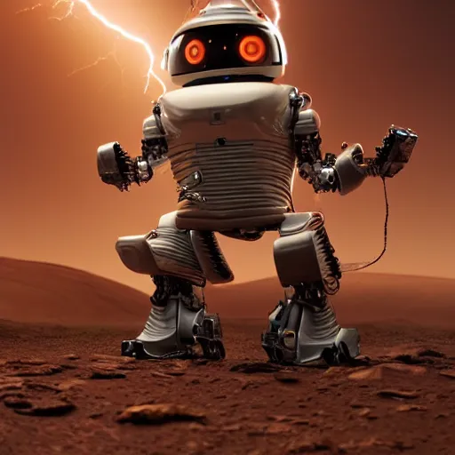 Image similar to UHD closeup of a Photorealistic Robot playing Drums during a wicked lightning storm on Mars, with a cool pose, by Antonio Caparo and Ferdinand Knab and Greg Rutkowski, UHD, photorealistic, trending on artstation, trending on deviantart