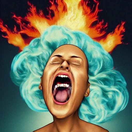 Image similar to “ a bald woman running from an erupting volcano while holding her wig and screaming ”