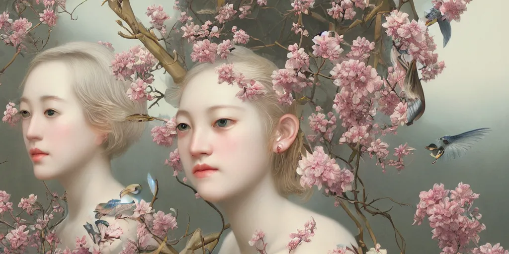 Prompt: breathtaking detailed concept art painting pattern of blonde short hair faces weird girls with anxious piercing eyes and blend of flowers and birds, by hsiao - ron cheng and john james audubon, bizarre compositions, exquisite detail, extremely moody lighting, 8 k