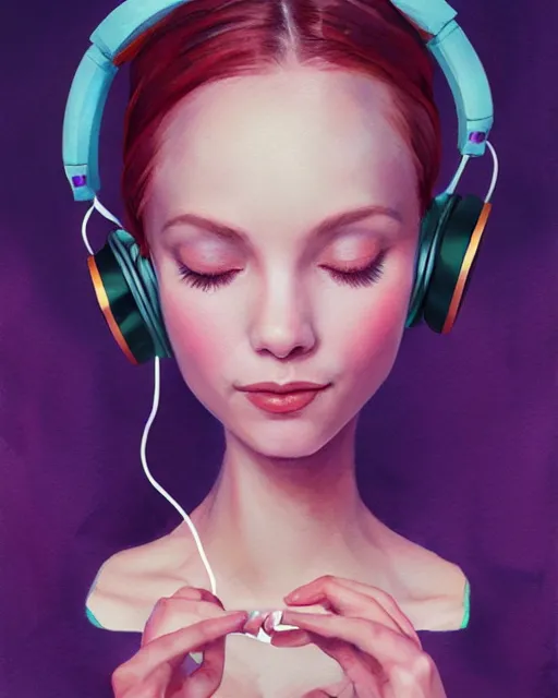 Prompt: faerie with headphones and a spliff. smug smile and closed eyes. noble bearing. award winning ornate symmetry matte portrait, artgerm, rhads watercolor, determination