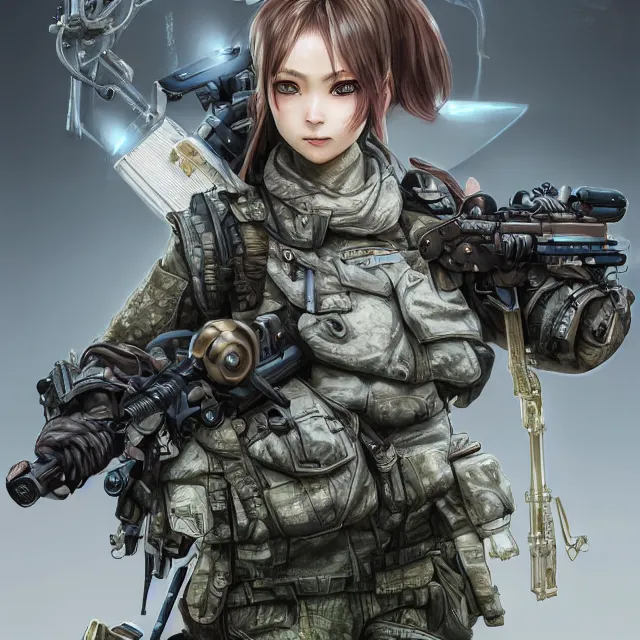 Image similar to the photorealistic portrait of lawful neutral female futuristic marine sniper as absurdly beautiful, gorgeous, elegant, young anime gravure idol, an ultrafine hyperdetailed illustration by kim jung gi, irakli nadar, intricate linework, bright colors, octopath traveler, final fantasy, unreal engine 5 highly rendered, global illumination, radiant light, detailed and intricate environment