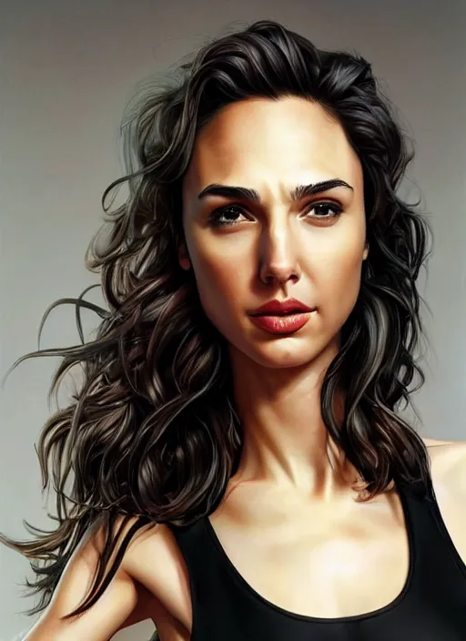 Prompt: full length photo of gal gadot in a tanktop in the style of stefan kostic, realistic, sharp focus, 8k high definition, insanely detailed, intricate, elegant, art by stanley lau and artgerm