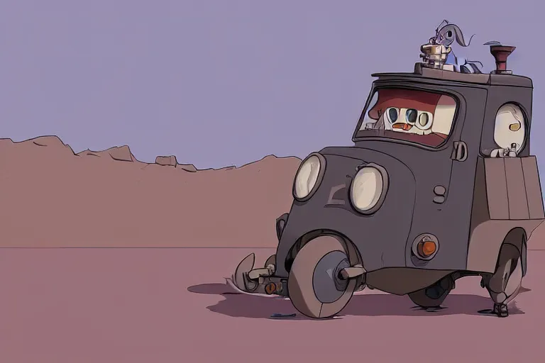 Prompt: a study of a cell shaded cartoon of a grey mechanized puppy from howl's moving castle ( 2 0 0 4 ), on a desert road, full body, wide shot, very muted colors, post grunge, studio ghibli, laurie greasley, highly detailed, deviantart, art by artgem