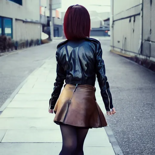 Image similar to a dynamic, epic cinematic 8K HD movie shot of a japanese young J-Pop idol girl wearing leather jacket, miniskirt, nylon tights and high heels boots. Motion, VFX, Inspirational arthouse