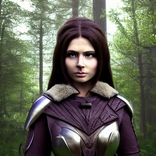 Image similar to athena as a medieval fantasy wood elf, dark purplish hair tucked behind ears, wearing a green tunic with a fur lined collar and brown leather armor, wide, muscular build, scar across nose, one black, scaled arm, cinematic, character art, digital art, forest background, realistic. 8 k,