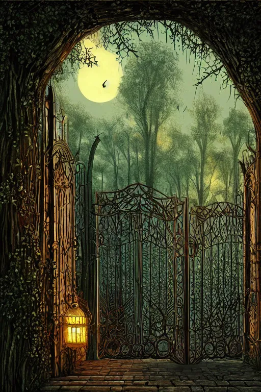 Image similar to a beautiful digital illustration painting of a detailed gothic fantasy fireflies forest trees and iron gate vines by giorgio de chirico, 8 k resolution trending on artstation concept art digital illustration