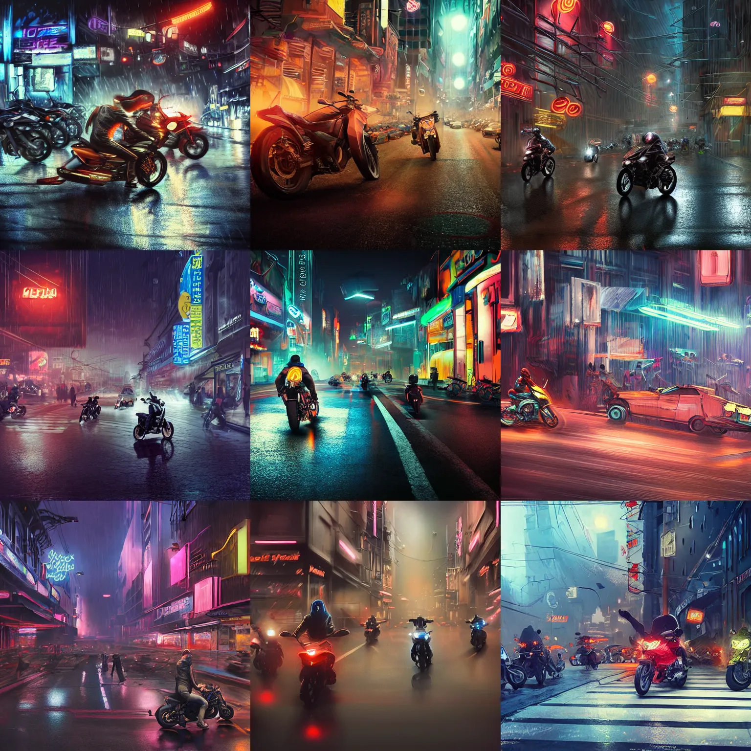 Prompt: motorcycle chase through a crowded bazaar in a dystopian neon city, concept art by christian faber, sharp, light rain, extremely realistic lighting, illusion of motion