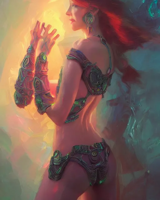 Prompt: if uranium glass was woman, digital painting, sci-fi setting, symmetrical features, Daniel Gerhartz, high detail intricate, artstation, WLOP, Artgerm, J. Scott Campbell; Olivia De Berardinis, Daniel Gerhartz, jack kirby, mysterious vibes