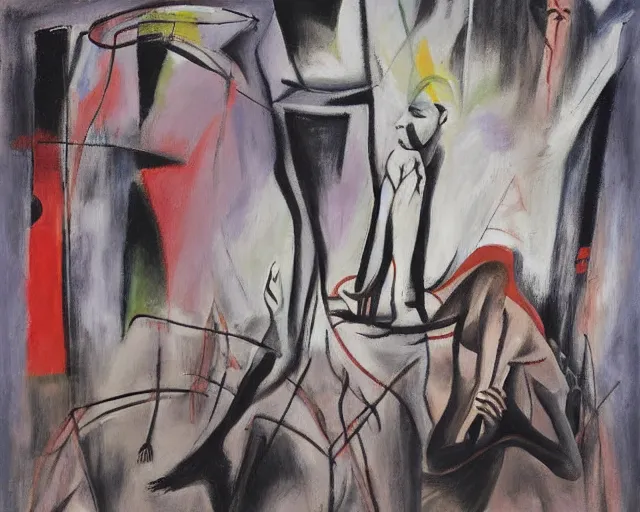 Prompt: Oil painting by Roberto Matta. The temple of the new gods. Oil painting by Marlene Dumas.