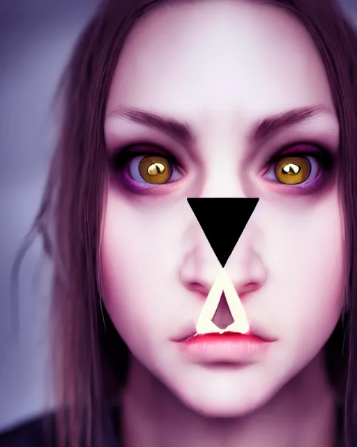 Prompt: realistic portrait of a scary young female game character with big equilateral triangle in place of a mouth, detailed portrait, high quality photo