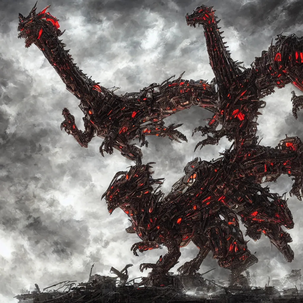 Prompt: high quality art of a giant mechanized dragon in an apocalyptic future, made of solid armored plates throughout the body, having 4 limbs and 4 talons on each foot, and glowing fiery red eyes, climbing over a destroyed building in a hazy radioactive atmosphere, roaring with an epic pose into the air as the building crumbles under the weight. furaffinity, deviantart, artstation, high quality