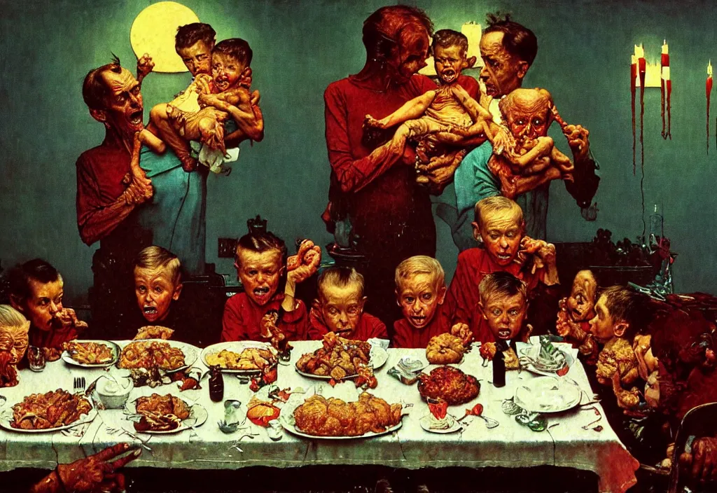 Image similar to A Norman Rockwell painting of a family losing their grip on reality during a Christmas dinner, by Zdzisław Beksiński, horror, cosmic horror, cinematic, 8k