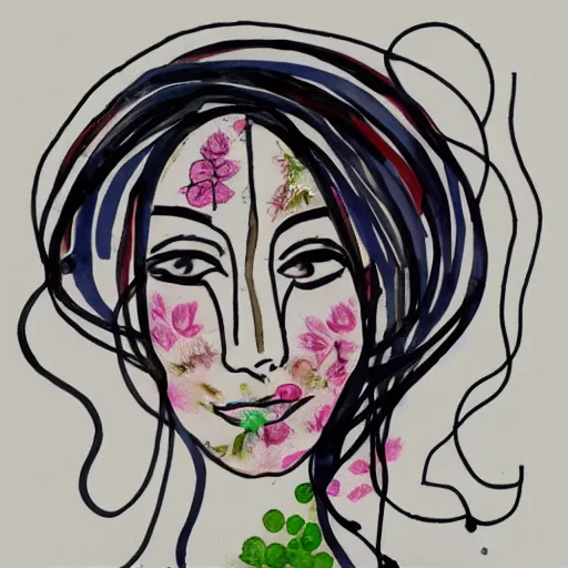 Image similar to Abstract line drawing of a woman’s face with watercolour flowers in the background,