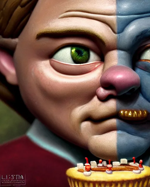 Image similar to highly detailed closeup, face profile portrait of a tin toy leonardo dicaprio as a medieval goblin eating cakes in a castle, hyper realistic, artstation, illustration, nicoletta ceccoli, mark ryden, lostfish, dan decarlo, bob clampett, max fleischer, digital paint, matte paint, vivid colors, detailed and intricate environment