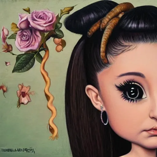 Image similar to ariana grande on a tricycle, lowbrow painting by mark ryden