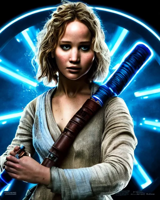 Image similar to jennifer lawrence as a jedi with ripped and damaged clothes holding a single lightsaber, blue coloured, in her hands, very dark background, official new star wars episode xi movie poster from lucas arts, perfect symmetrical face, moody lighting, 8 k, shallow depth of field, intricate detail,