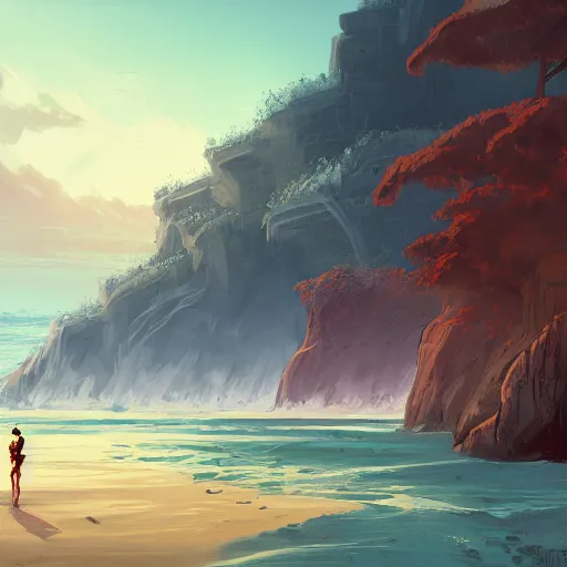 Image similar to digital 2 d, traditional paint, mixed media, concept art, illustration, environmental concept art & design, ruins, coast, ocean, sea, beach, remains, greek, pillars, vagrants, forest of liars, twilight, clouds, sky, coastline, sylvain sarrailh, concept art for forest of liars