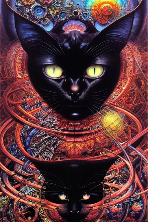 Prompt: realistic detailed image of technological black cat god. aerial perspective, by lisa frank, ayami kojima, amano, karol bak, greg hildebrandt, and mark brooks, neo - gothic, gothic, rich deep colors. beksinski painting, part by adrian ghenie and gerhard richter. art by takato yamamoto. masterpiece