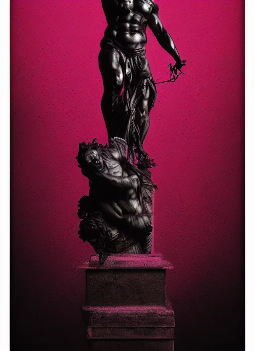 Image similar to dark design poster showing a statue of the greek gods, black background with very subtle red and purple design elements, powerful, nekro, vito acconci, thin straight lines, dark, glitch art, neo vaporwave, gritty, layout frame, square, trending on artstation